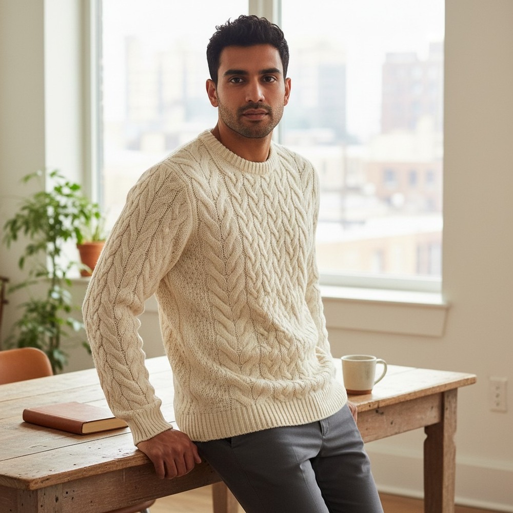 Aran Sweater Market Mens Cream Cable Knit Wool Sweater Made in Ireland‎ Size XS